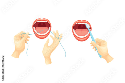 Oral Care and Dental Hygiene with Hands Cleaning Teeth with Floss and Toothbrush Vector Set