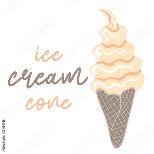 Swirled soft serve vanilla ice cream in wafers cone. Sweet dessert. Vector illustration