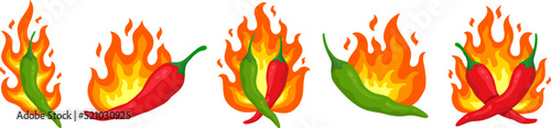 Hot pepper labels. Chilli peppers sticker, flaming eating sauce. Menu spicy logo, vegetables in fire. Mexican cuisine, cartoon racy cayenne vector set