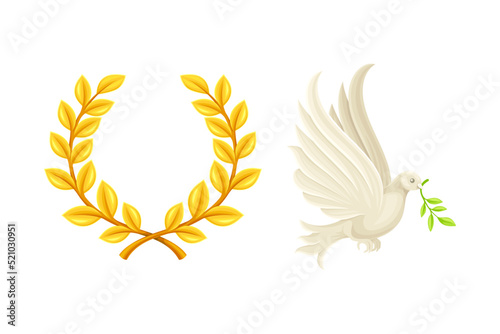 Victory Day May 9 Symbols with Dove Bringing Olive Twig and Golden Laurel Branch Wreath Vector Set