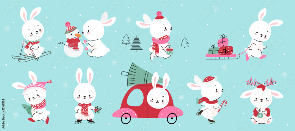 New year 2023 rabbit. Cartoon winter rabbits, sweet bunny and snowman, christmas gifts and tree. Holiday eve characters, baby animals nowaday vector collection