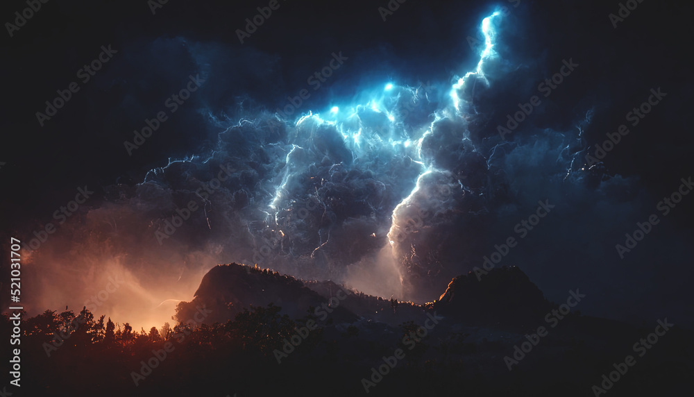 Dark dramatic stormy night sky with lightning bolts. Night.mountain landscape. Flashes of light from thunder and lightning. 3D illustration.