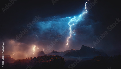 Fotografia Dark dramatic stormy night sky with lightning bolts