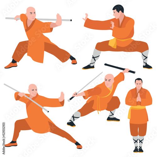 Kung Fu. Wushu. Set of Kung Fu fighters. Flat design. Vector illustration on a white background.