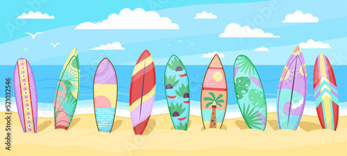 Surfing board on beach. Surfboard background, ocean panorama with decor surf boards in sand. Hawaii extreme sport training, cartoon decent vector landscape