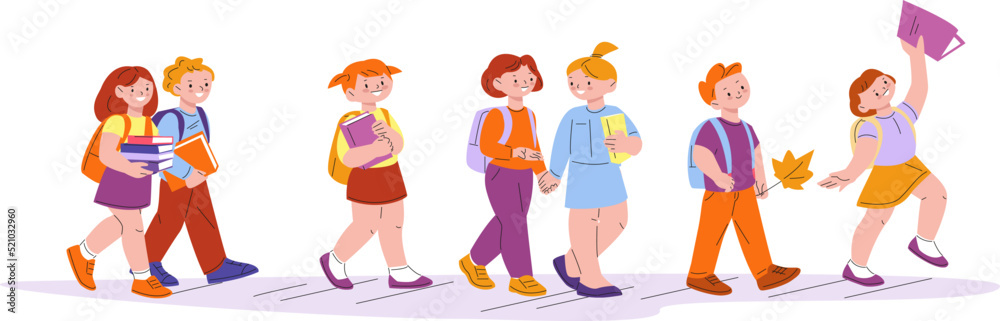 Elementary school pupils. Happy students with bag walking together, child hold books and conversation with friend. Hurry kids to classroom kicky vector concept Elementary school pupils. Happy students with bag walking together, child hold books and conversation with friend. Hurry kids to classroom kicky vector concept