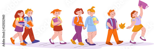 Elementary school pupils. Happy students with bag walking together, child hold books and conversation with friend. Hurry kids to classroom kicky vector concept