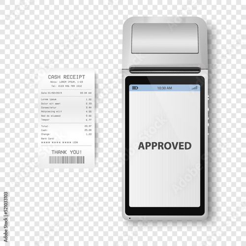 Vector 3d Black NFC Payment Machine with Approved Status and Paper Check, Receipt. Wi-fi, Wireless Payment. POS Terminal, Machine Design Template of Bank Payment Contactless Terminal, Mockup. Top VIew