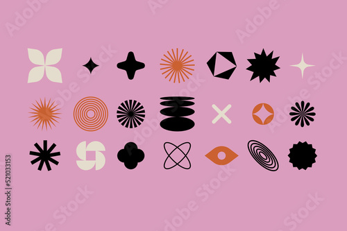 Vector set of different geometric shapes and elements. Brutalist design icons and signs. Basic forms.