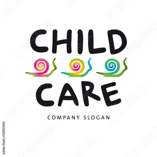 Child care logo with colourful snails, for playgroups, kindergarten, childrens projekts photo