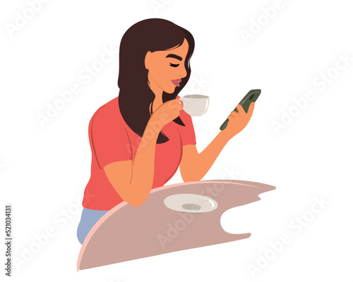 Young beautiful woman holding coffee cup and looking at smartphone while sitting in cafeteria. Happy university student using mobile phone. Businesswoman drinks tea or coffee and smiles. Vector 