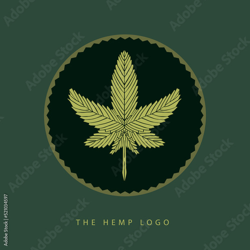 Gold cannabis hemp leaf symbol logo design with green background. Cannabis gold silhouette ecology logo. Hemp emblem for the design of the logo packaged products, food, for the creation of printed pro