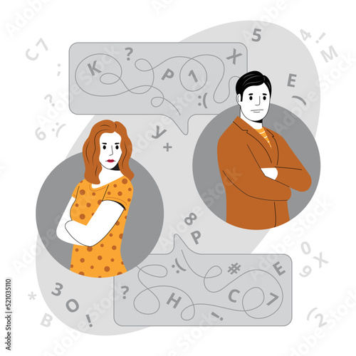 Disagreement and confrontation in communication. Problems in communication with a remote employee. Conflict in the team. Vector illustration, concept.