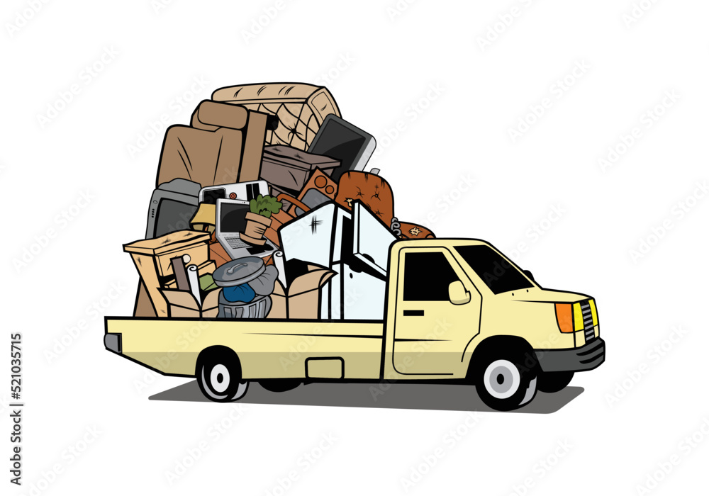Cartoon pickup truck loaded full of household junk design illustration vector eps format , suitable for your design needs, logo, illustration, animation, etc. - obrazy, fototapety, plakaty 