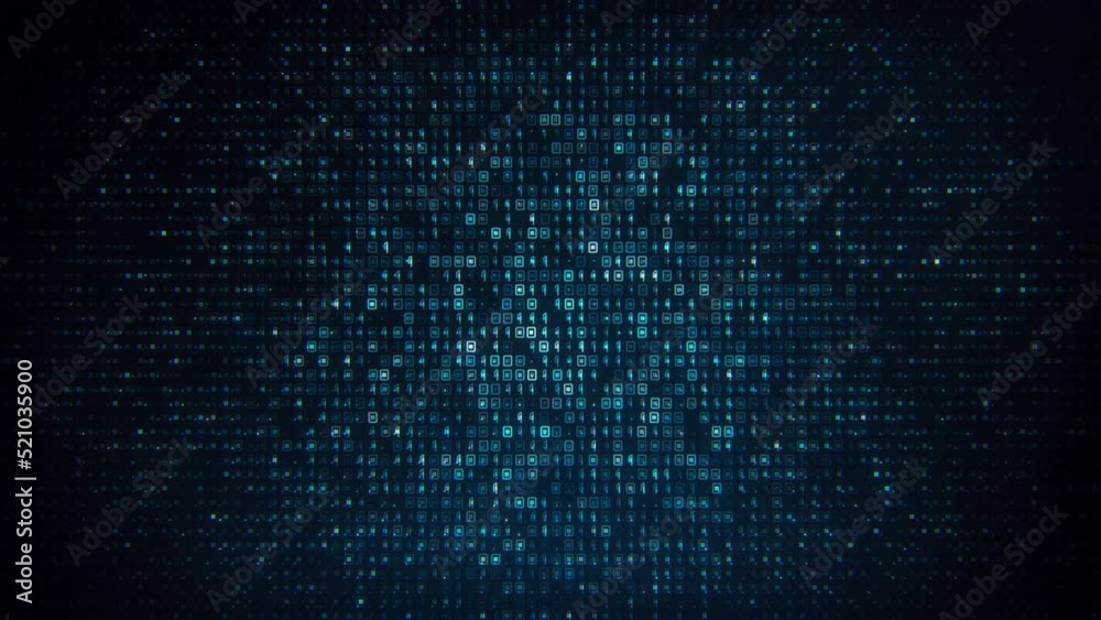 Abstract Binary Code Matrix Background. Animated Abstract Technology Artificial Intelligence Background. Streaming Code Animation. Blockchain Information Data Transaction Process. Global Cybersecurity