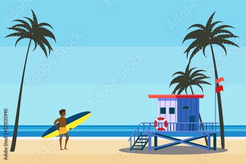 Lifeguard Tower on the beach palms, surfer, coast ocean, sea. Summer tropical landscape, vector