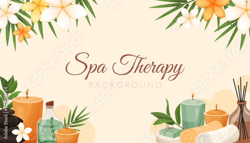Spa, wellness, template background. Banner design with exotic flowers, bamboo leaves, aroma candle, cosmetic bottles. Vector illustration of horizontal background for spa, beauty salon, cosmetic store