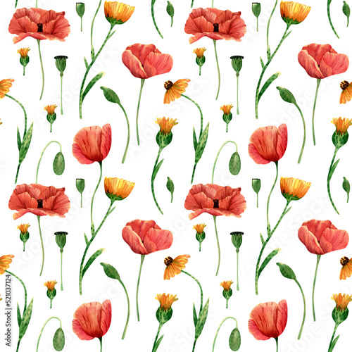 Seamless poppies and calendula flowers pattern. Watercolor floral background with red and yellow wildflowers stem  leaves for textile  wallpapers