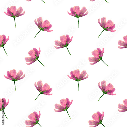 Seamless cosmos wildflowers pattern. Watercolor floral background with pink and violet flowers  stem  for textile  wallpapers