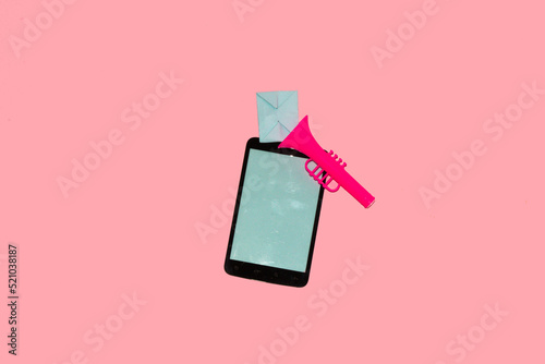 mobile phone with horn with letter coming out, message notification, creative art design 