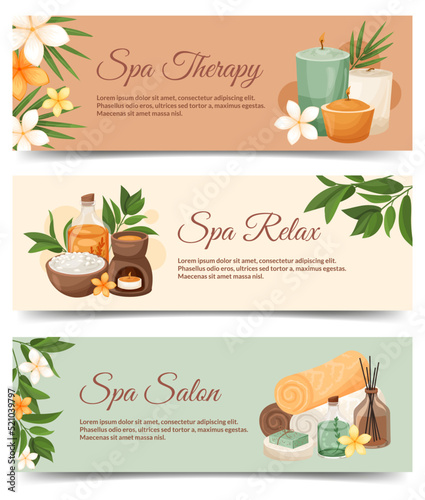Spa salon design horizontal banners. Promotion template design with flowers, leaves, cosmetic bottles, aroma candles. Salon therapy, relax, natural products, beauty care vector illustration