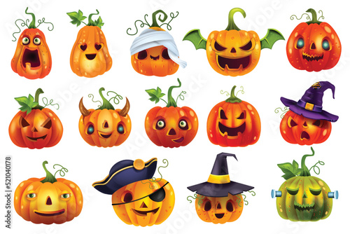 Halloween pumpkin vector set, orange happy cartoon lantern laugh festive element, scary carving face. Spooky funny expression, cut mouth, evil eyes, witch hat. Halloween pumpkin season holiday clipart