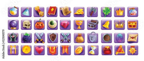 3D game icon set, slot machine cartoon element, magic UI badge kit, golden coin, witch potion, book. Reward resource object, sword shield, defence skill, warrior weapon. Fantasy game icon collection