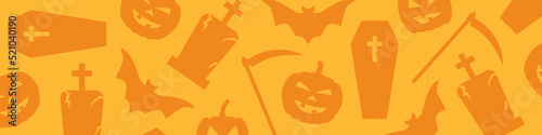 Halloween banner with bat, pumpkin, scythe, grave and coffin icons - vector illustration