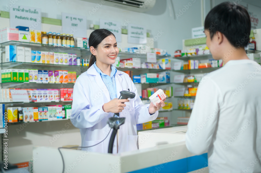 Female pharmacist counseling customer about drugs usage in a modern pharmacy drugstore.
