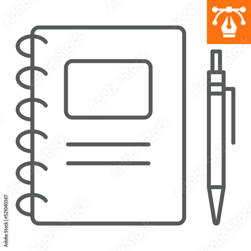 Notebook line icon , outline style icon for web site or mobile app, workbook and pen , diary vector icon, simple vector illustration, vector graphics with editable strokes.