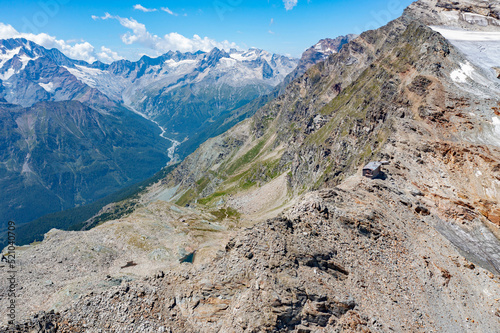 Panoramic aerial view of the Bernina Group and the Scerscen Refuge in Valmalenco, Italy, July 2022	 photo