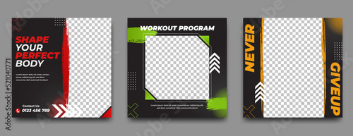 Gym and fitness social media post template design collection. Black background with red, green, and yellow abstract shape.