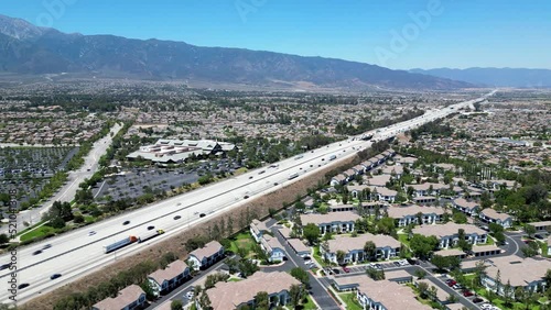 Aerial view of freeway traffic in Rancho Cucamonga, Los Angeles photo