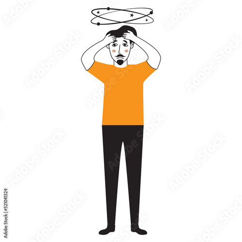 Young man with vertigo.Person holds his hands on head.Sick man having dizzy symptom.Doodle sketch style vector illustration. Isolated on white background.