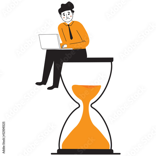 Man sitting on an hourglass and working laptop procrastination.Time management deadline concept.Hand drawn vector illustration.Alarm clock.