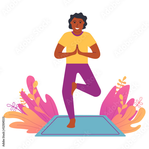 African american man standing in tree pose yoga.Male practicing yoga hand drawn.Guy in yoga Vrikshasana asana.Character cartoon vector illustration.