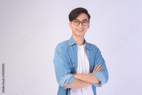 Portrait of asian man wearing glasses over white background studio, eyecare concept..
