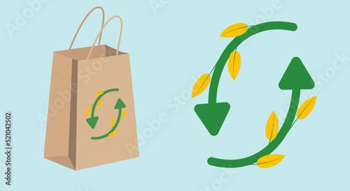 Paper bag and recycling sign vector illustration. Take away package from ecologically safe materials