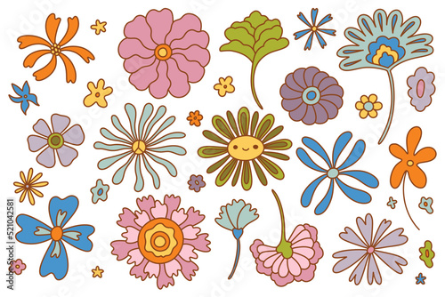 Large set of retro groovy flowers. Collection of vector flowers in hippie style