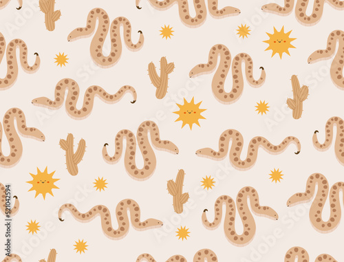 Seamless pattern of horned viper snake with saguaro cactus and sun. Desert animals and plants. Flat vector illustration isolated on beige background.