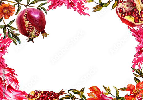 Pomegranate. Frame of pomegranate fruit on a branch, burst, cut pomegranate, flowers and pomegranate juice.