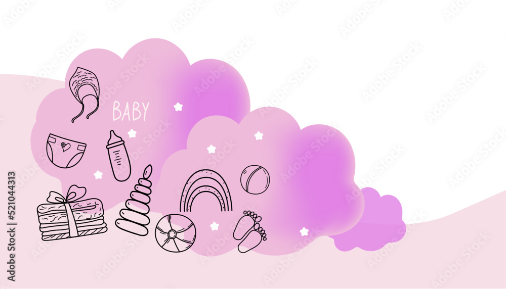 Banner hand drawn baby girl. Cartoon sketch style doodle for icon, banner. Elements little baby clothes. Banner hand drawn baby girl. Cartoon sketch style doodle for icon, banner. Elements little baby clothes.