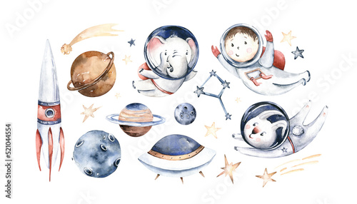 Fototapeta Astronauta chłopiec i słoń oraz króliczek, gwiazdy, planeta, księżyc, rakieta i prom
