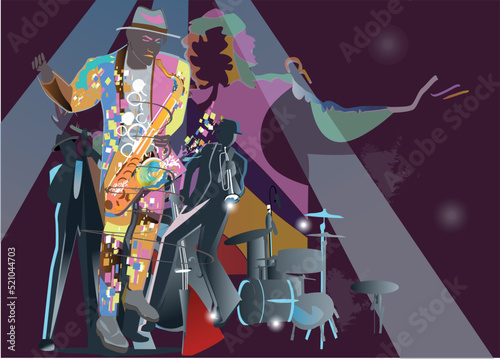 Design with an abstract jazz saxophonist decorated with notes and patterns, musicians for musical poster.  Hand drawn vector illustration.