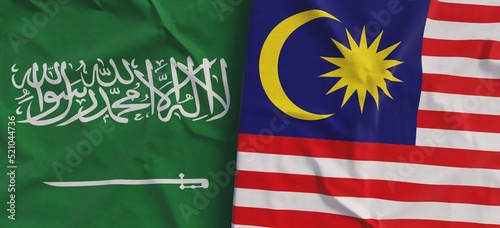 Flags of Saudi Arabia and Malaysia. Linen flag close-up. Flag made of canvas. Middle East. Malaysian. State national symbols. 3d illustration.