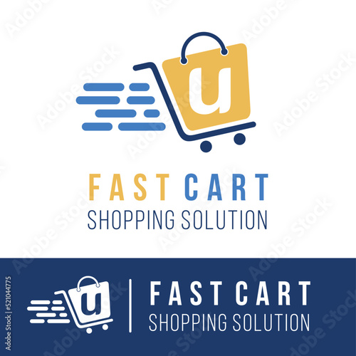 Initial u letter in trolley cart shopping logo with speed symbol for fast online shopping delivery logo concept	