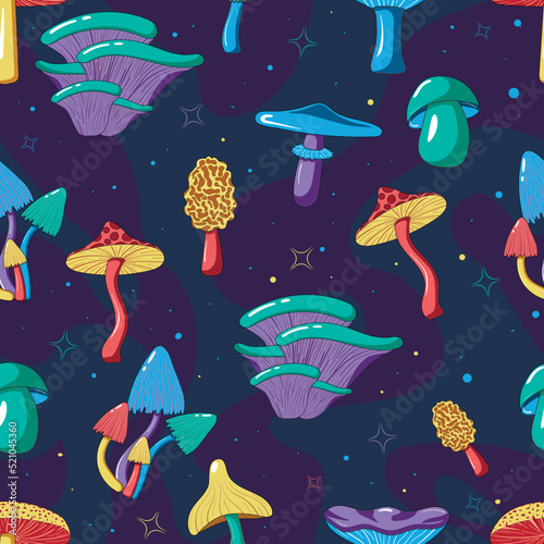 Seamless pattern with psychedelic hallucinogenic colorful mushrooms in 70s hippie style on a dark abstract background