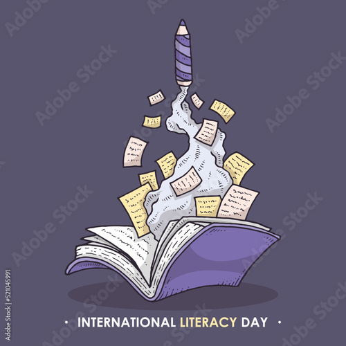 International literacy day illustration with the book and pencil rocket