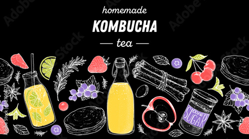 Kombucha tea and ingredients for kombucha sketch. Hand drawn vector illustration. Kombucha drink. Tea mushroom, tea fungus, or Manchurian mushroom.