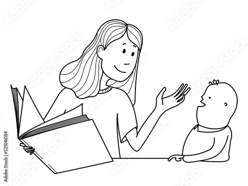 Volunteer girl reading a book to a child with Down syndrome.